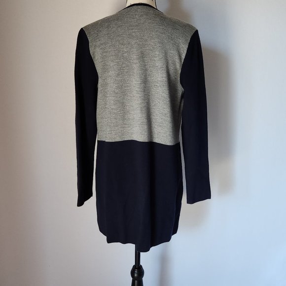 EUC Talbots Merino Wool Blend Open Long-Cardigan Sweater Color Block Grey Blue - Picture 7 of 10
